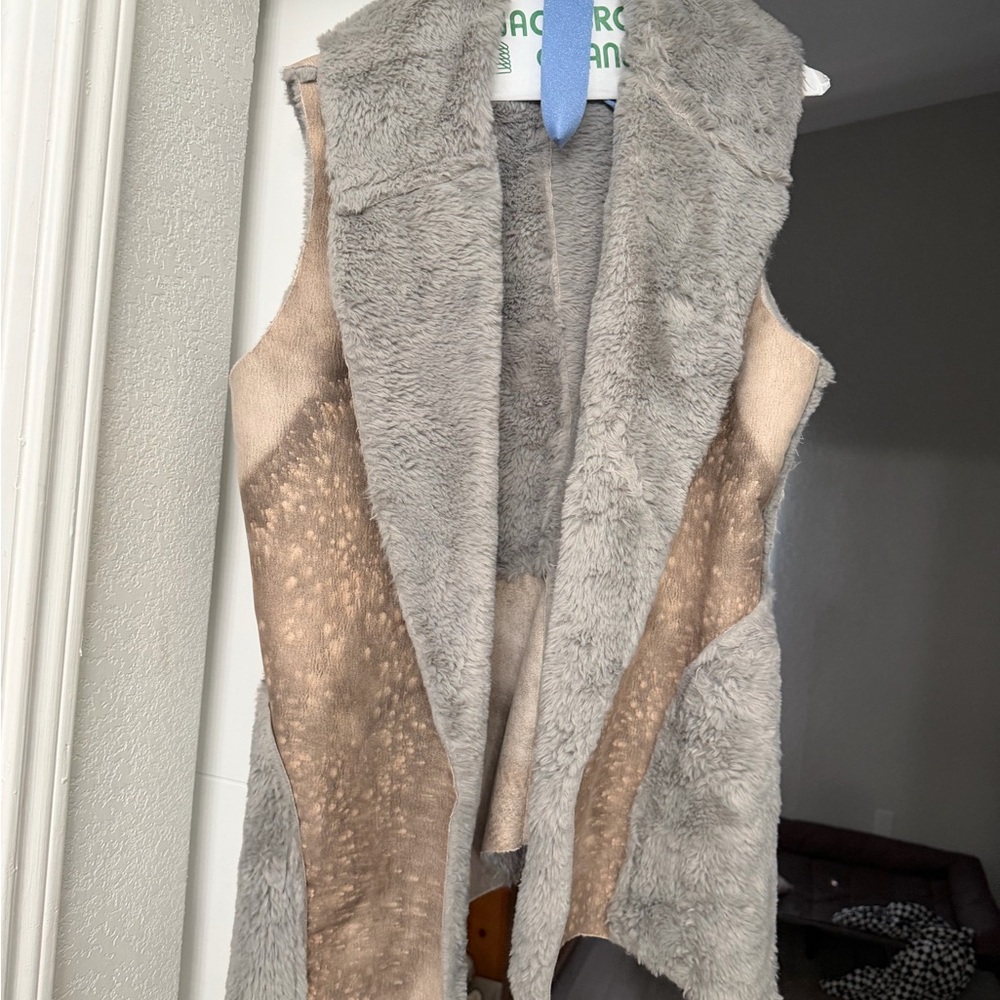 Gray and Tan Fawn Faux Fur Vest